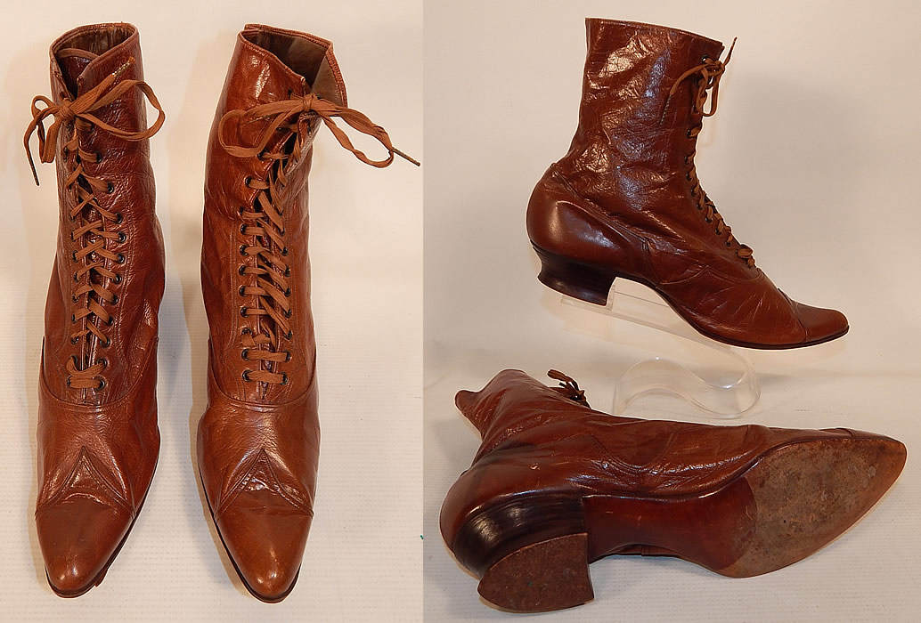 Victorian Antique Womens Brown Leather High Top Lace-up Boots Shoes
These antique boots are difficult to size for today's foot, but my guess would be approximately a US size 7 narrow width. 