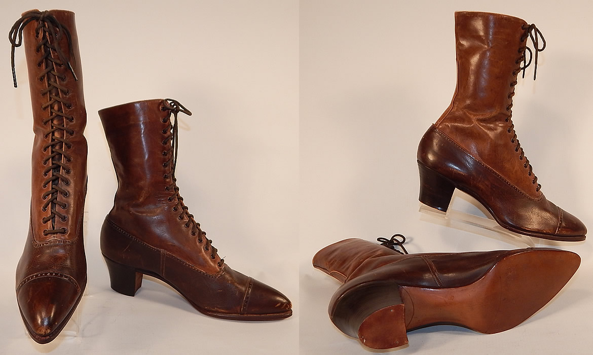 Unworn Victorian Brown Two Tone Leather High Top Lace-up Boots Shoes
These antique boots are difficult to size for today's foot, but my guess would be about a US size 6 or 7 narrow width. They are old store stock, in unworn good wearable condition, with only some slight scuff marks and water spotting from storage. These are truly a wonderful quality made antique boot! 