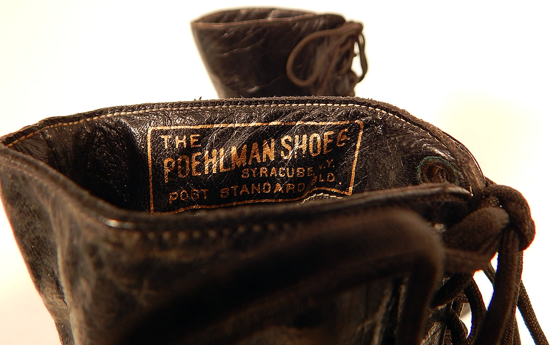 Unworn Victorian Black Leather High Top Lace-up Boots Poehlman Shoe Co.
They are stamped inside "The Poehlman Shoe Syracuse, N.Y."