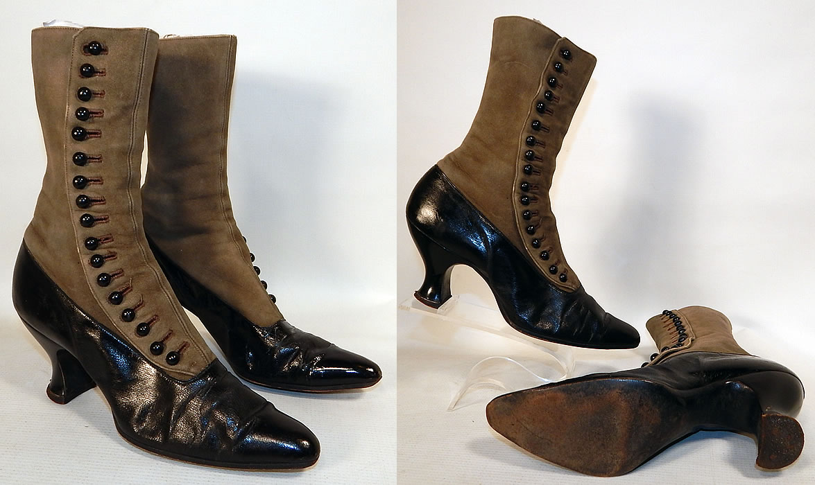 Victorian Women's Antique Gray Suede Black Patent Leather High Top Button Boots
These beautiful boots have a two tone contrasting color combination, with pointed toes, 17 black shoe buttons along the side for closure and black leather covered French spool heels. The boots measure 10 1/2 inches tall, 10 inches long, 2 1/2 inches wide, with 2 1/2 inch high heels.