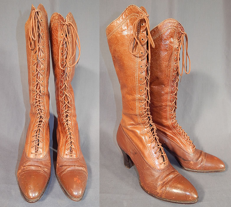 Victorian Vintage I. Miller NY Brown Leather High Top Lace-up Hiking Boots Shoes
They are made of a two tone light brown tan leather, with decorative cutwork designs. 