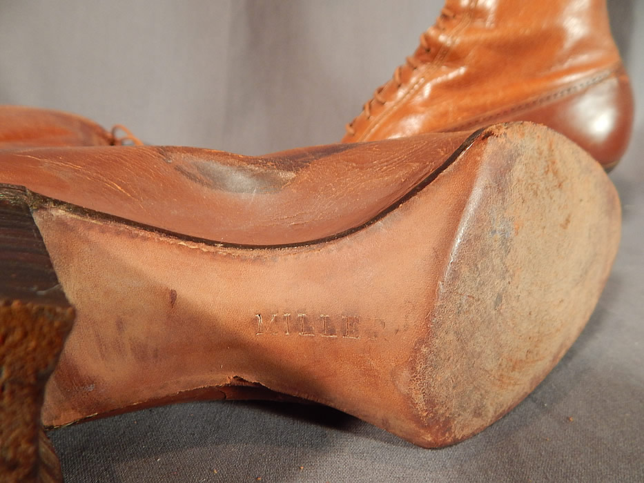 Victorian Vintage I. Miller NY Brown Leather High Top Lace-up Hiking Boots Shoes
The boots measure 13 inches tall, 10 inches long, 3 inches wide, with a 2 inch high heel. These antique boots are difficult to size for today's foot, but my guess would be approximately a US size 7 narrow width. They have been gently worn and are in good as-is condition, with some wear, scuff marks and some flaking, cracks on the leather. These are truly a rare, quality made antique Victoriana boot great for design or display!