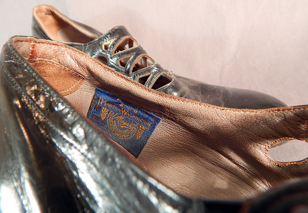 Edwardian Martha Washington Mayer Black Leather Lattice Button Strap Shoes
They have a "Martha Washington Mayer Trademark" label and are stamped inside a size 7 D. 
