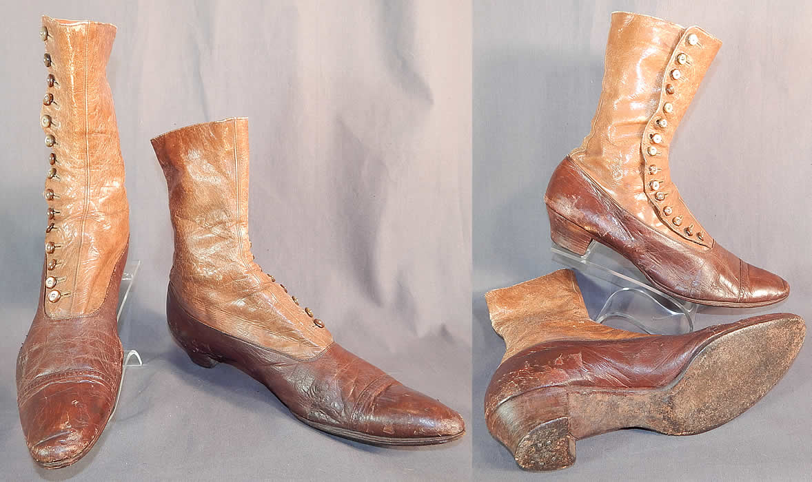 Victorian Antique Brown Two Tone Leather High Top Button Boots Shoes
They are in good condition and have been worn, with some wear to the leather, flaking discoloration and scuffs in areas. These are truly a wonderful, wearable, quality made antique boot!