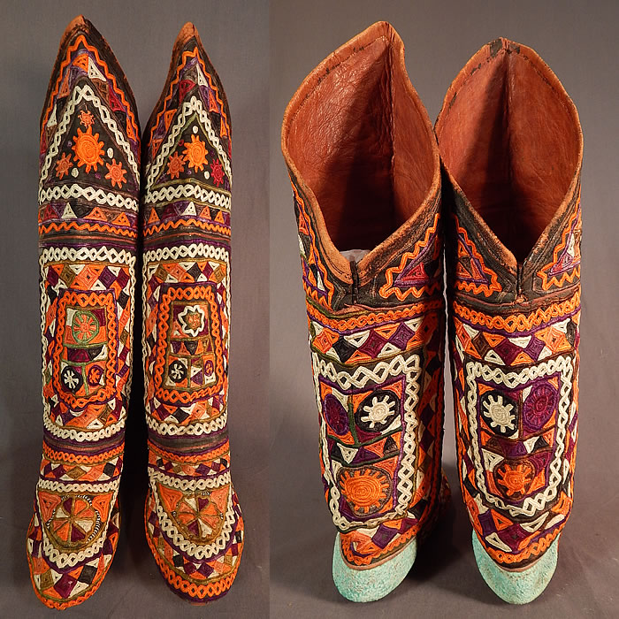 Vintage Antique Turkmen Tribal Ethnic Colorful Embroidered Leather High Top Boho Boots
These beautiful boho boots have a moccasin style with soft leather bottom soles, blue leather trimmed back heels, a tall extended height with knee cap covering and are leather lined inside.