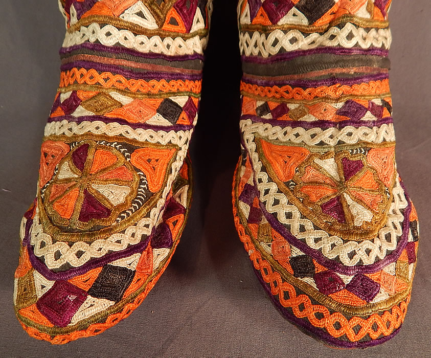 Vintage Antique Turkmen Tribal Ethnic Colorful Embroidered Leather High Top Boho Boots
The boots measure 18 inches tall, 10 inches long and 3 1/4 inches wide.