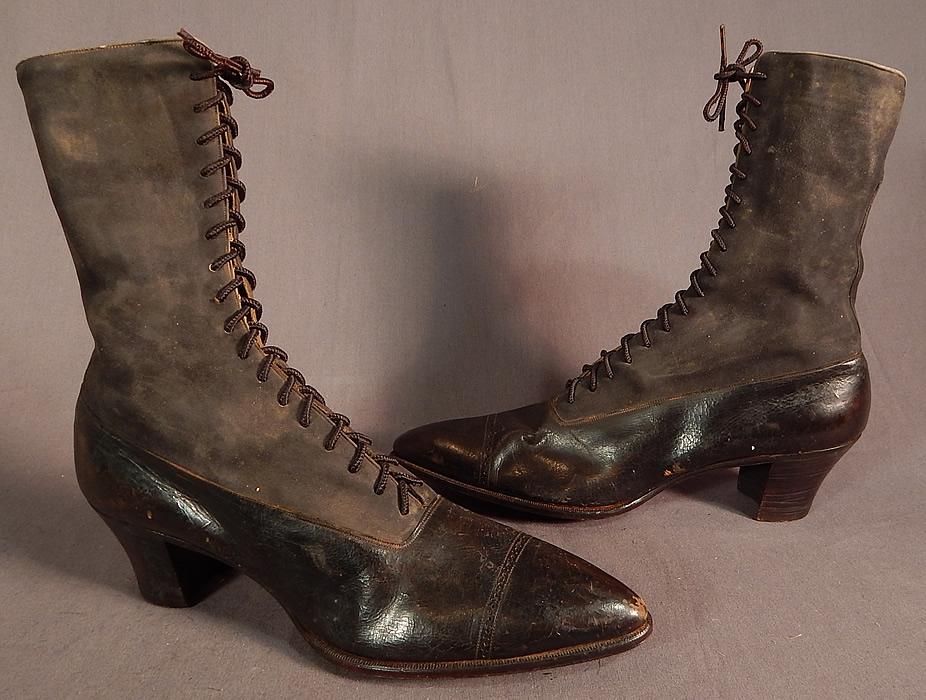 Victorian T.E. Mosely Co Gray Suede Black Leather High Top Lace-up Boots Shoes
They are made of a two tone charcoal gray color suede upper boot and black patent leather shoe.