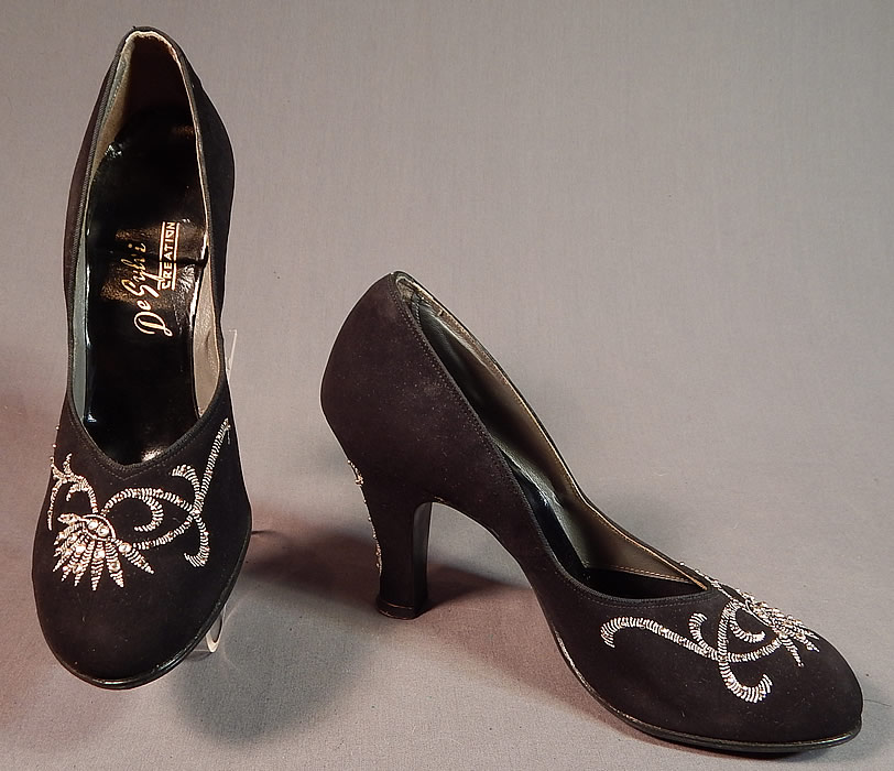 Vintage De Sylvi Creation Hand Painted Black Suede Leather Rhinestone Beaded Shoes
These sensational swing dance shoes pumps have a slip on pump style and beaded leather covered modified boulevard high heels.