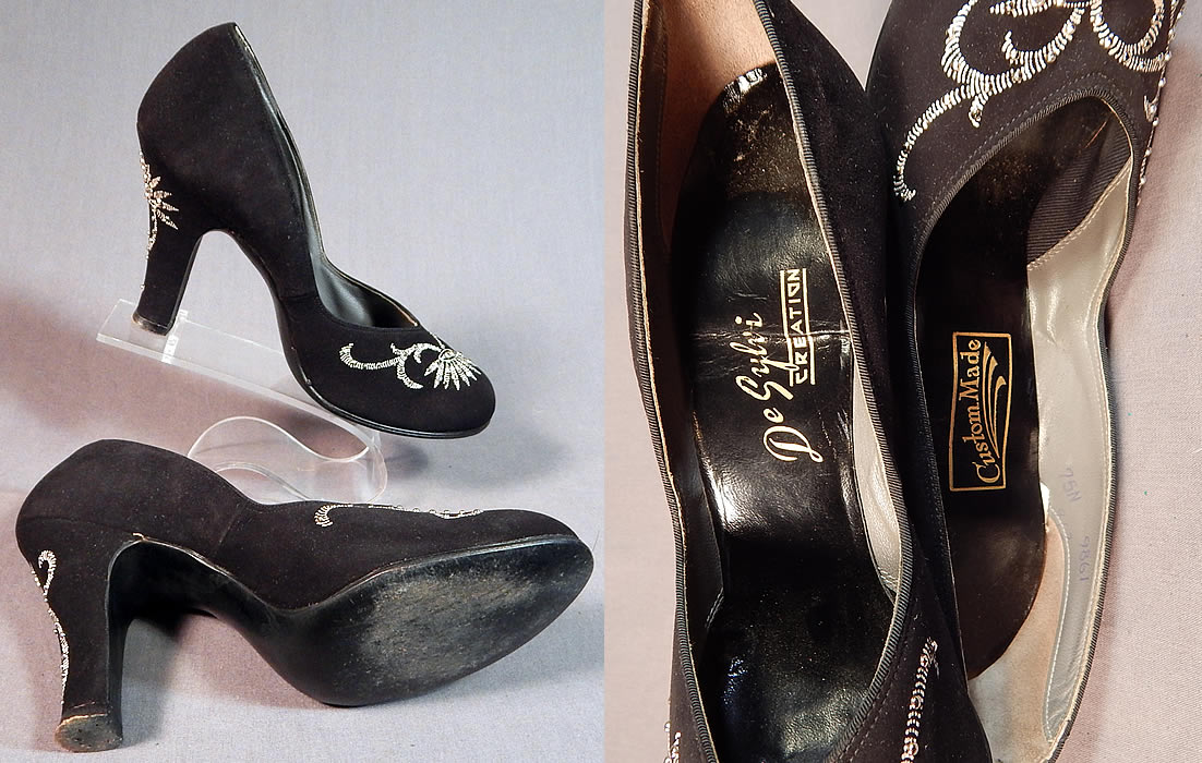 Vintage De Sylvi Creation Hand Painted Black Suede Leather Rhinestone Beaded Shoes
There is a gold embossed stamped label "De Sylvi Creation Custom Made" on the insoles. The shoes measure 10 1/2 inches long, 3 inches wide, with 3 inch high heels and are stamped inside a size 7.5 N.