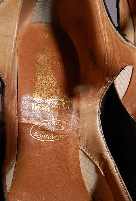 Vintage Peacock Shoe Art Deco Black Silk Satin Silver Button Strap Mary Jane Shoes
They are lined in leather, with a "Peacock Shoe" gold embossed label inside and "The Slipper Shoppe Inc. Modesto, Calif." size 36. 