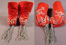 Antique Chinese Child's Red Silk Embroidered Dragon Baby Booties Boots Shoes
