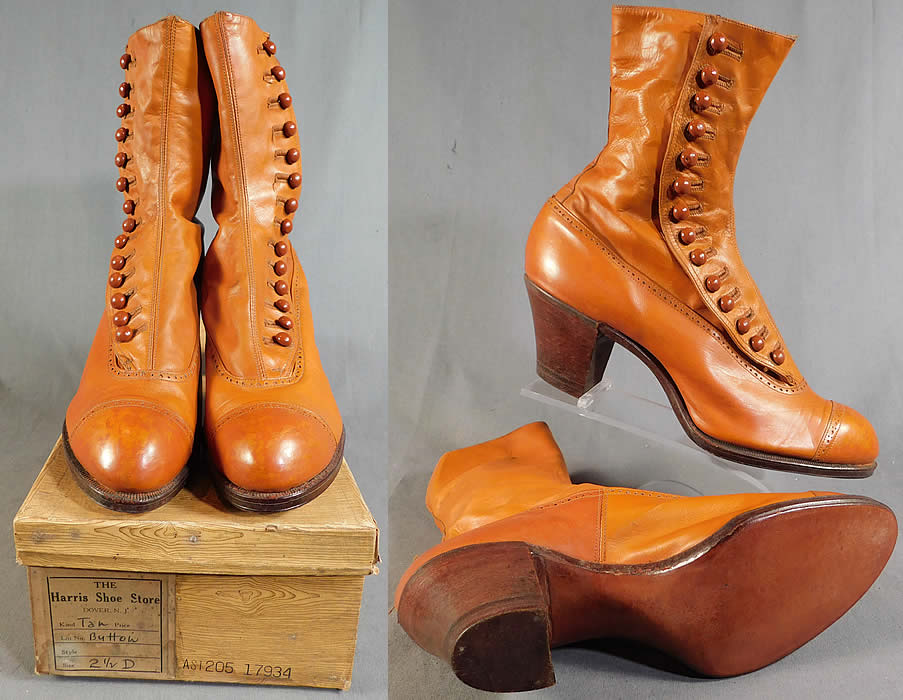 Edwardian Vintage Unworn Womens Tan Leather High Top Button Boots
They have never been worn, and are old store stock stored away in a basement of the store since 1910 still in good wearable condition. These are truly a rare and wonderful piece of quality made wearable shoe art!