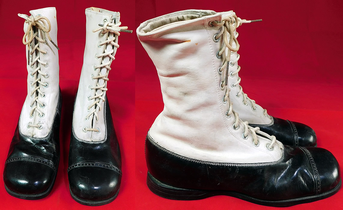 Unworn Vintage Doctor Deans Edwardian Two Tone Black & White Leather High Top Boots
They are old store stock, in unworn good wearable condition, with only some slight discoloration, black scuff marks, faint rust stains on the white leather inside and out from storage.