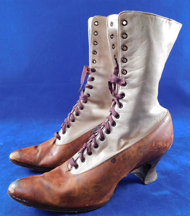 Edwardian BSWU Women's Two Tone Brown Leather High Top Lace-up Boots
 These women's boots have a pointed round toe, replaced newer shorter brown shoe string lacing, stacked wooden French spool heels and are stamped "Boot & Shoe Workers Union Stamp Factory 127" on the bottom leather soles.