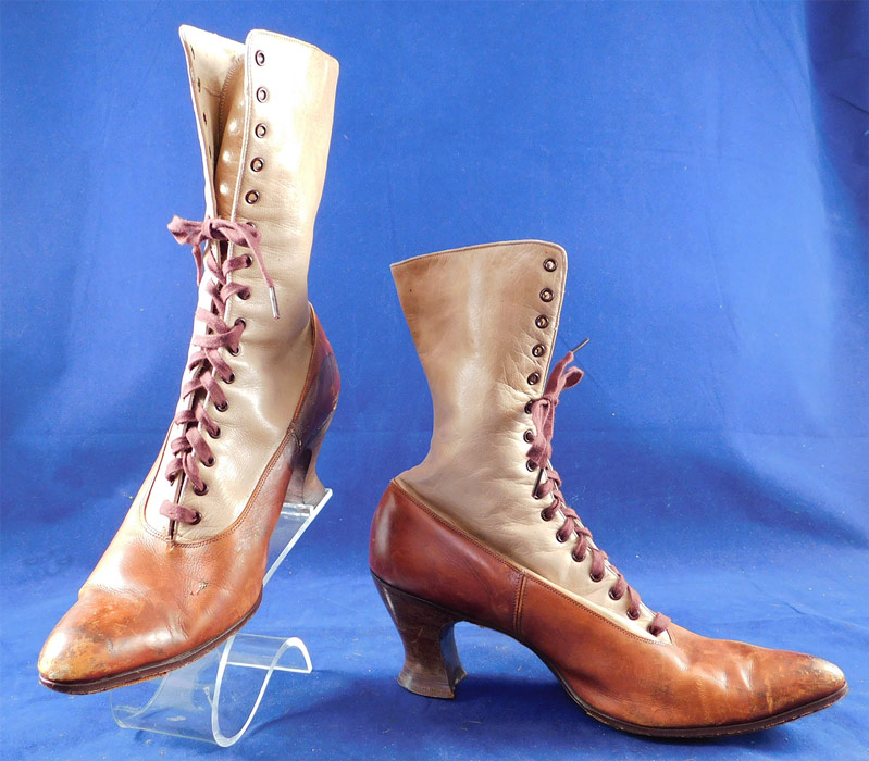 Edwardian BSWU Women's Two Tone Brown Leather High Top Lace-up Boots
These are truly a wonderful quality made piece of antique shoe art! 