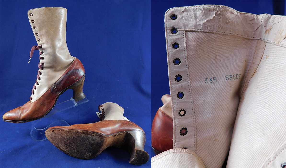 Edwardian BSWU Women's Two Tone Brown Leather High Top Lace-up Boots
The boots measure 9 inches tall, 9 1/2 inches long, 2 3/4 inches wide, with 2 1/2 inch high heels and are approximately a US size 6 or 7 narrow width.