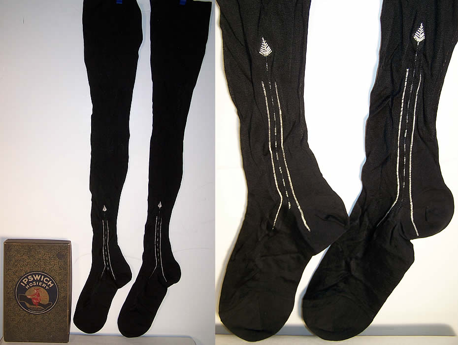 Antique Ipswich Hosiery Box & Black Silk Stockings Front view.