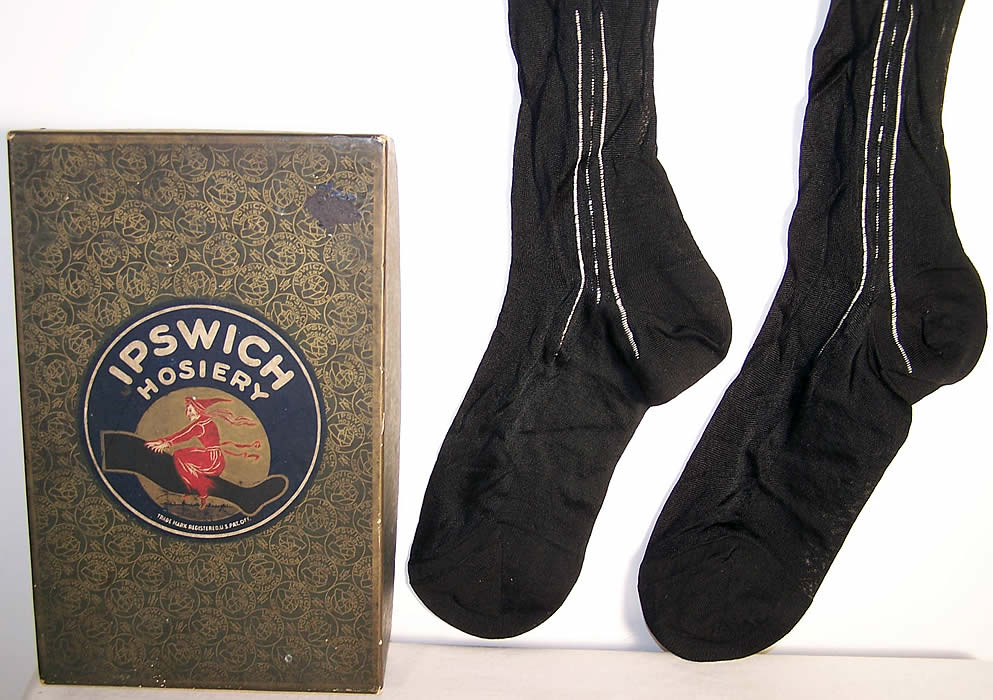 Antique Ipswich Hosiery Box & Black Silk Stockings