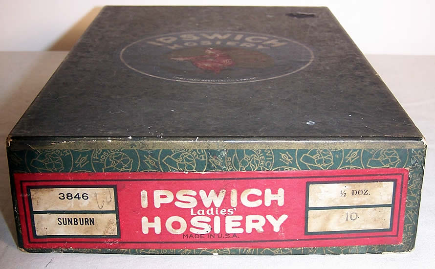  Antique Ipswich Hosiery Box & Black Silk Stockings Close up.