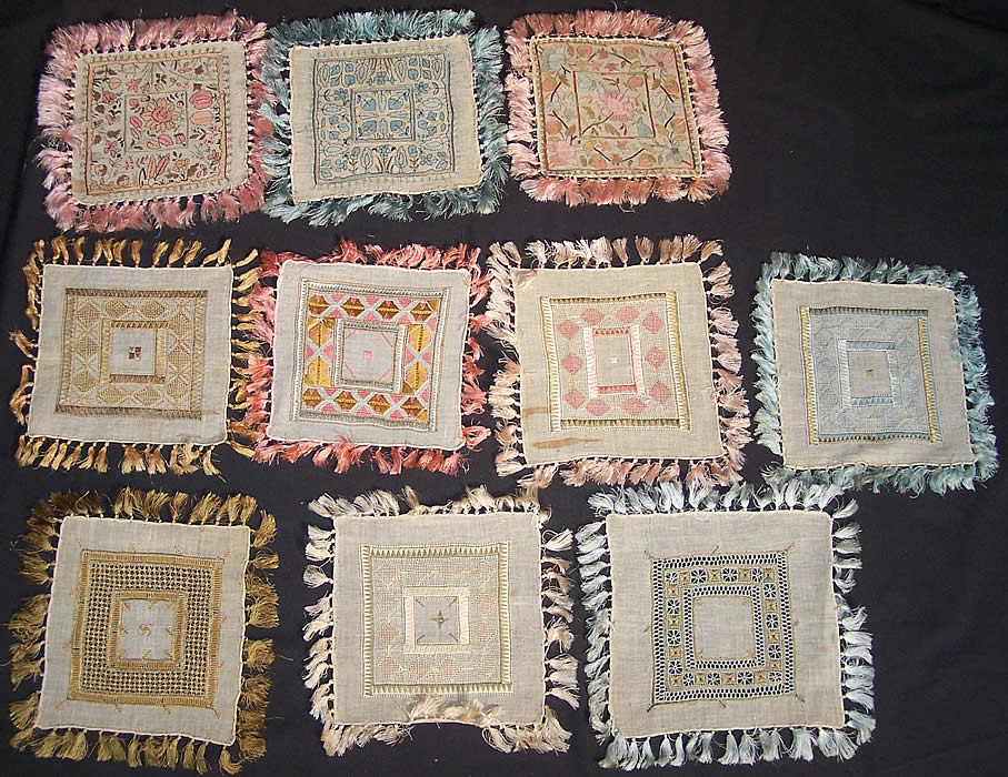 10 Ottoman Turkish Embroidery Linen Square Sampler Doily  Front view.