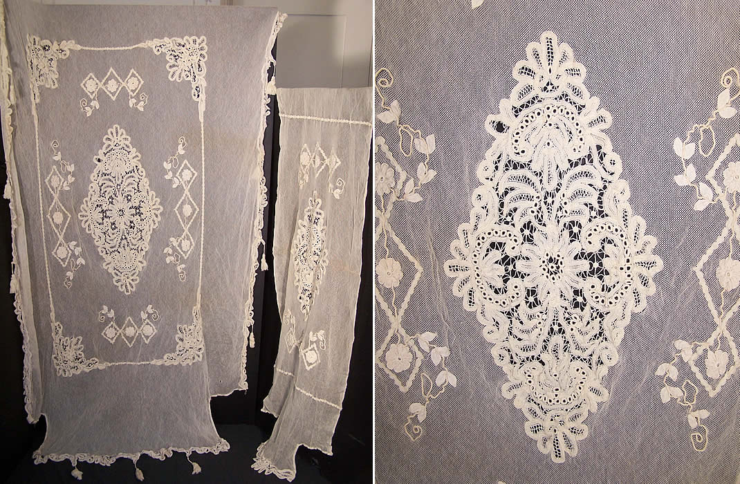 Antique Battenburg Tape Lace Net Bedspread & Pillow Sham  Front view.