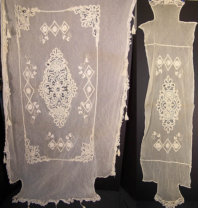 Antique Battenburg Tape Lace Net Bedspread & Pillow Sham