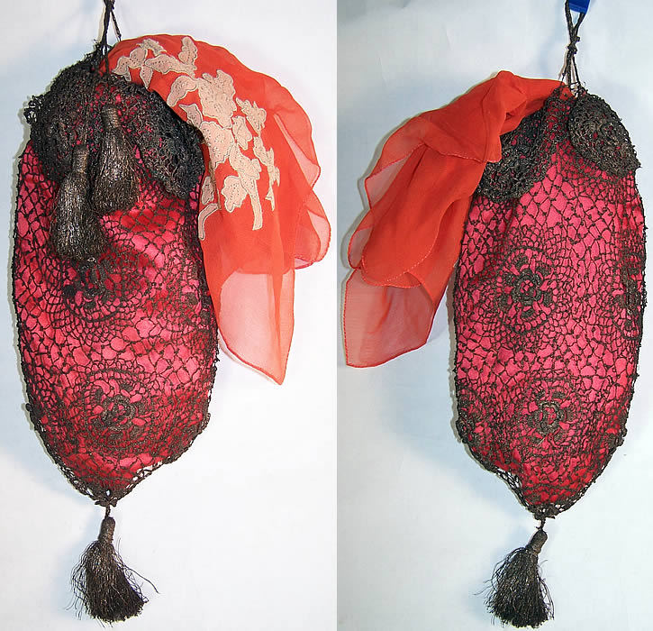 Antique Gold Crochet Lace Tassel Silk Drawstring Purse Front view.
