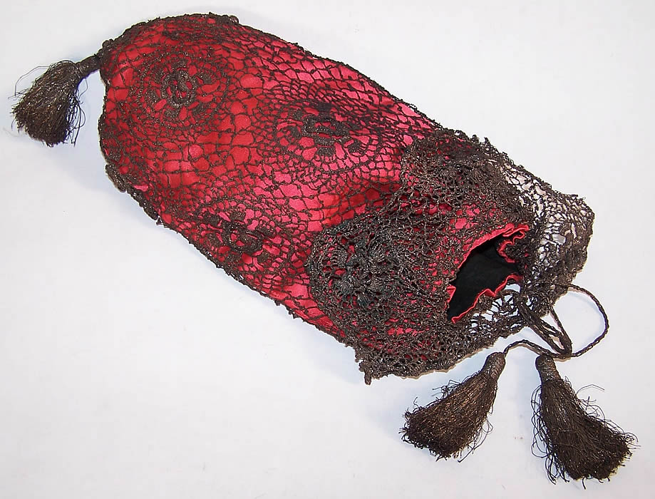 Antique Gold Crochet Lace Tassel Silk Drawstring Purse Side View.