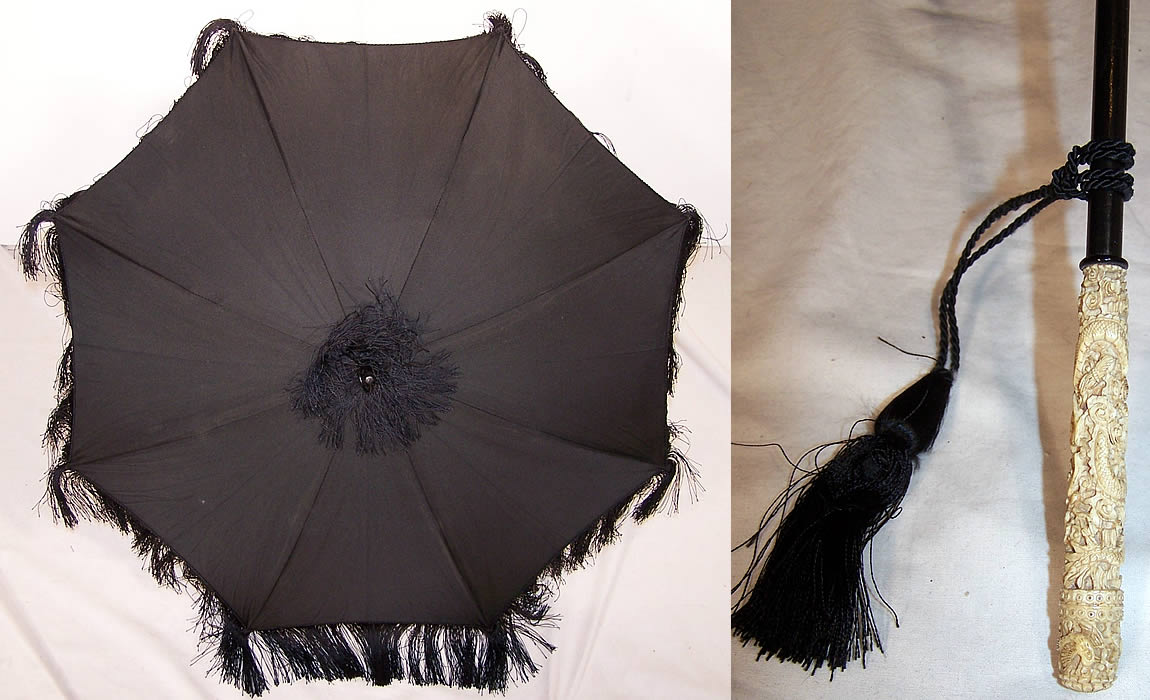 Victorian Black Silk Mourning Parasol Dragon Carved Handle  Front view.