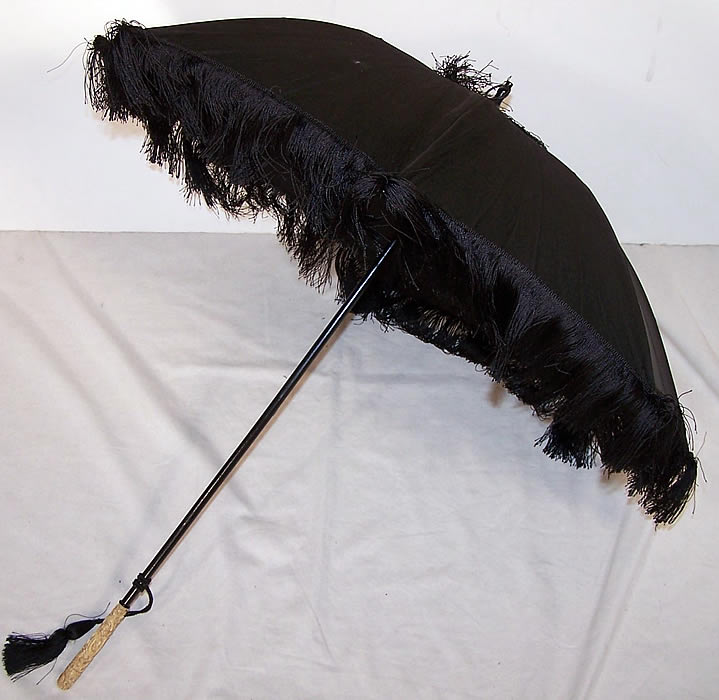 Victorian Black Silk Mourning Parasol Dragon Carved Handle side view