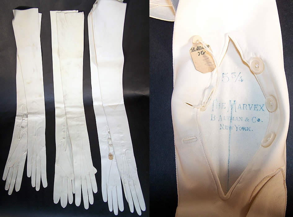 Edwardian White Kid Leather Long Opera Gloves Lot  Front view.