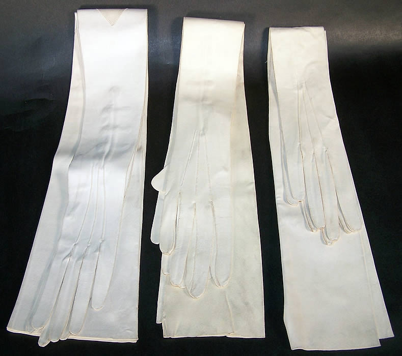 Edwardian White Kid Leather Long Opera Gloves Lot front View.