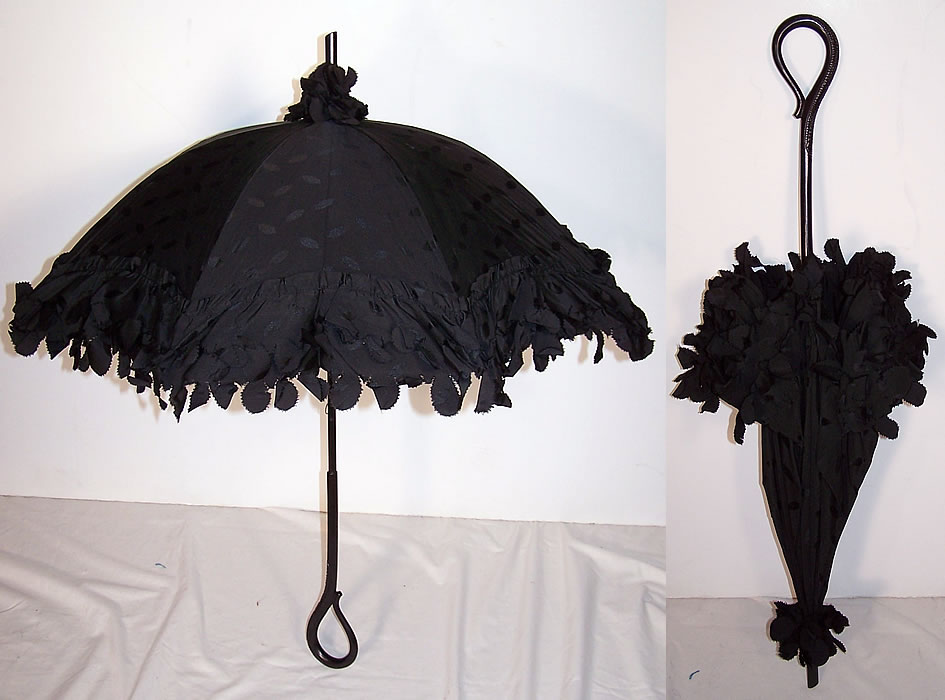 Edwardian Black Silk Ebony Wood Carved Handle Parasol  Front view.