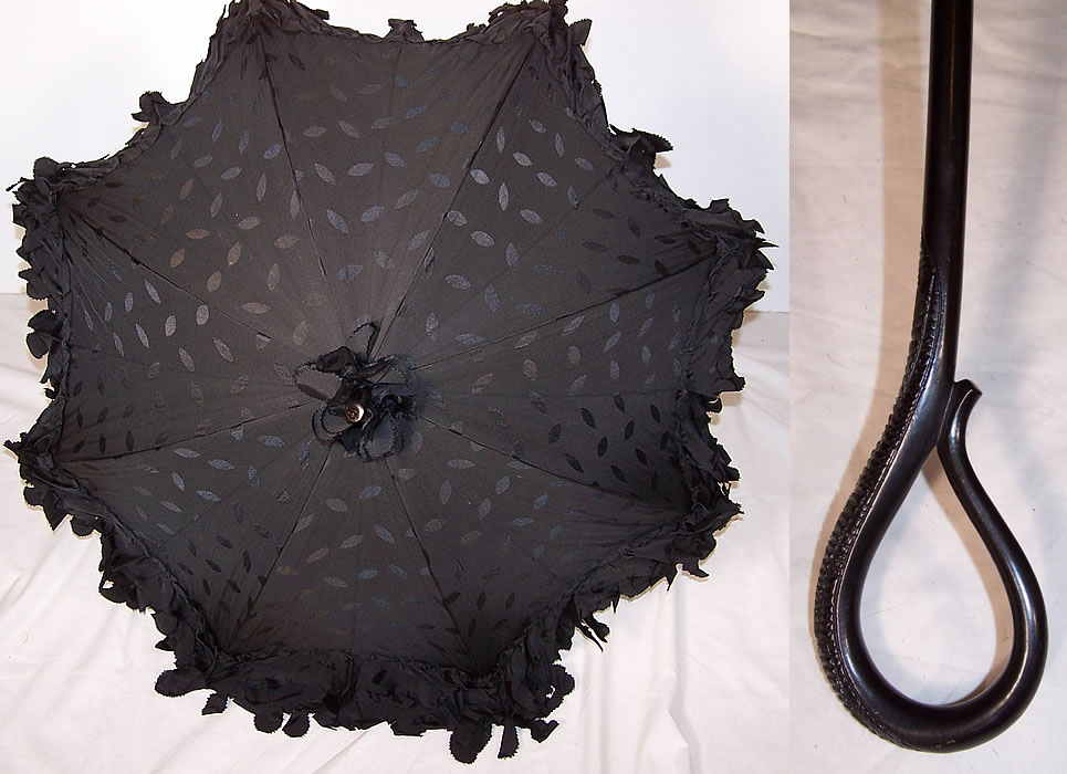 Edwardian Black Silk Ebony Wood Carved Handle Parasol Top View.