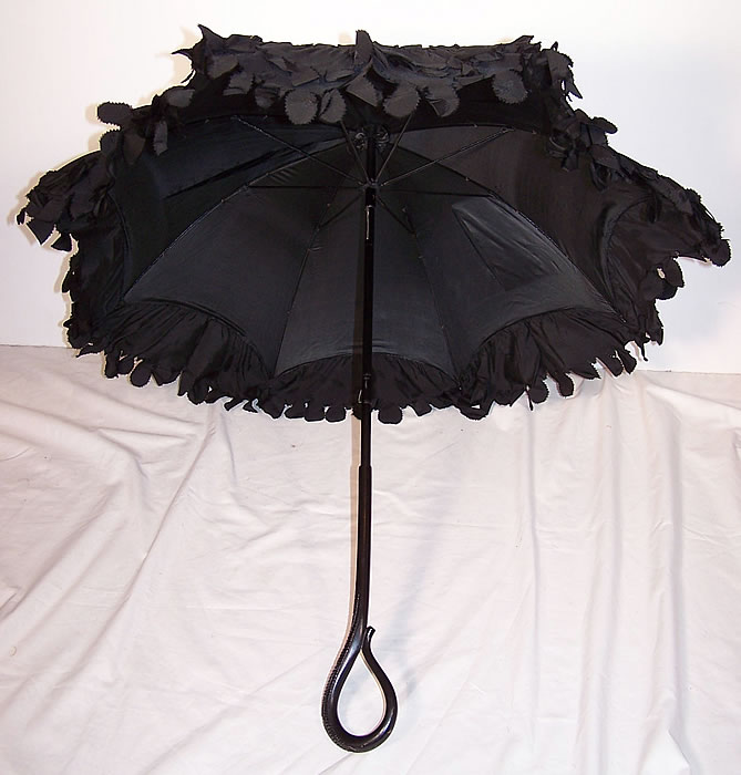 Edwardian Black Silk Ebony Wood Carved Handle Parasol inside view