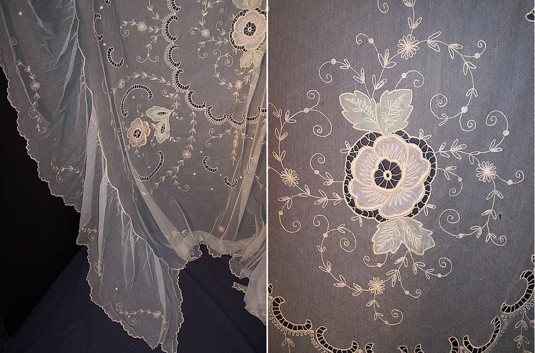 Antique Tambour Embroidery Net Lace Silk Applique Bedspread side view.