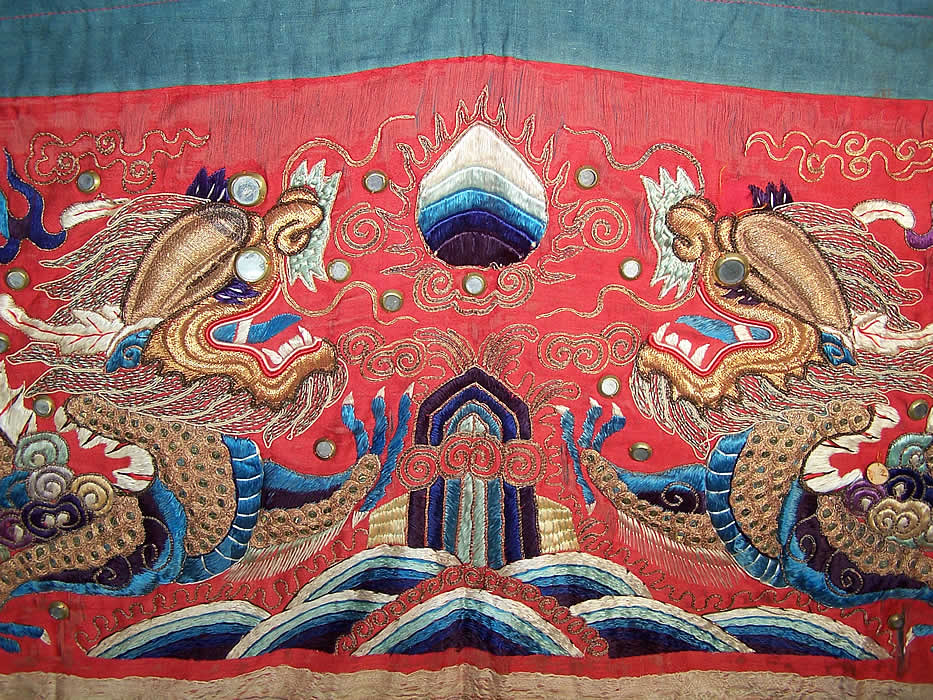 Antique Chinese Dragon Gold Couching Embroidery Mirror Red Silk Wedding Banner close-up view.