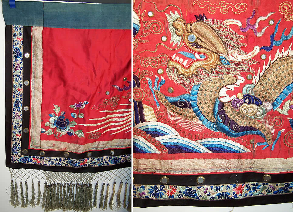 Antique Chinese Dragon Gold Couching Embroidery Mirror Red Silk Wedding Banner Close up.