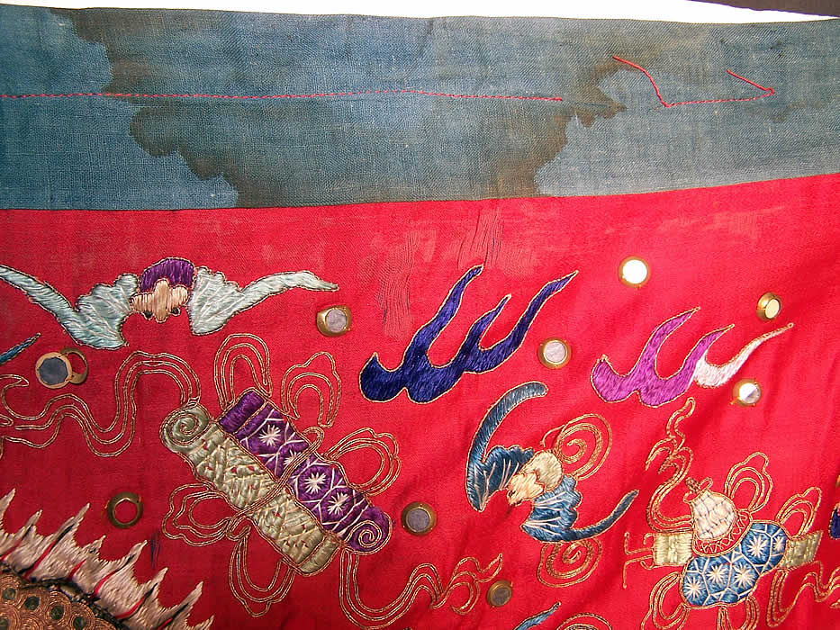 Antique Chinese Dragon Gold Couching Embroidery Mirror Red Silk Wedding Banner Close up.