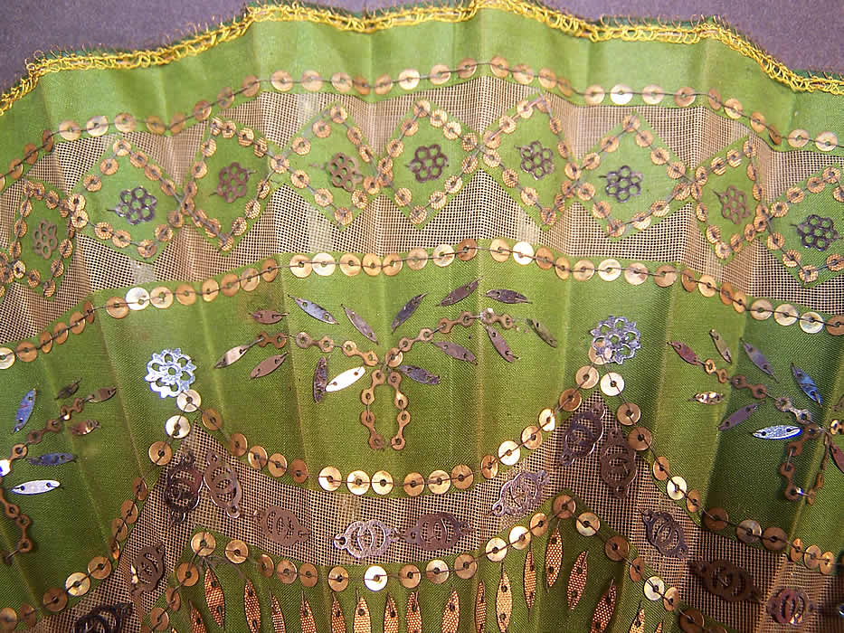 Victorian Green Silk Silver Gold Sequin Ball Gown Dance Fan Close-up View.