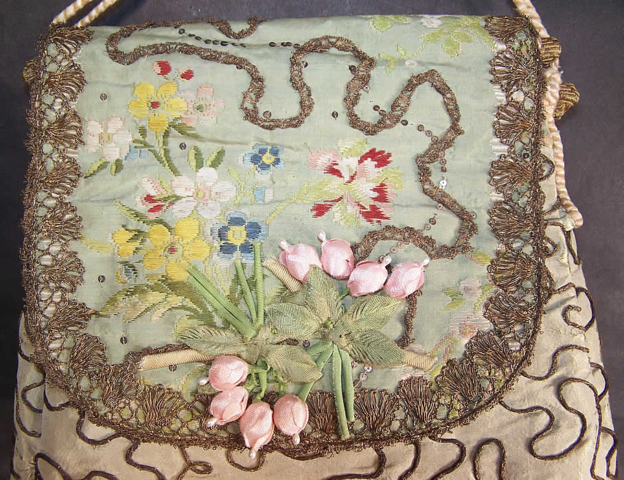 Antique 18th Century French Silk Brocade Fabric Gold Metallic Lace Purse Close-up View.