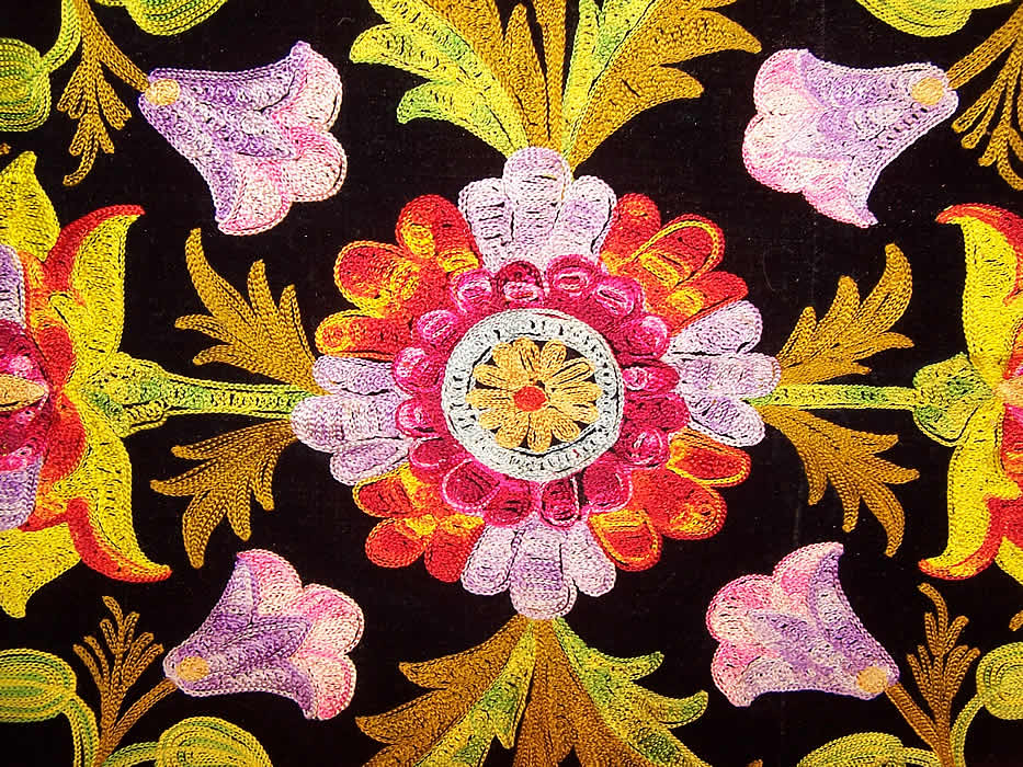 Vintage Black Velvet Tambour Chain Stitch Embroidered Uzbek Suzani Textile very close up
