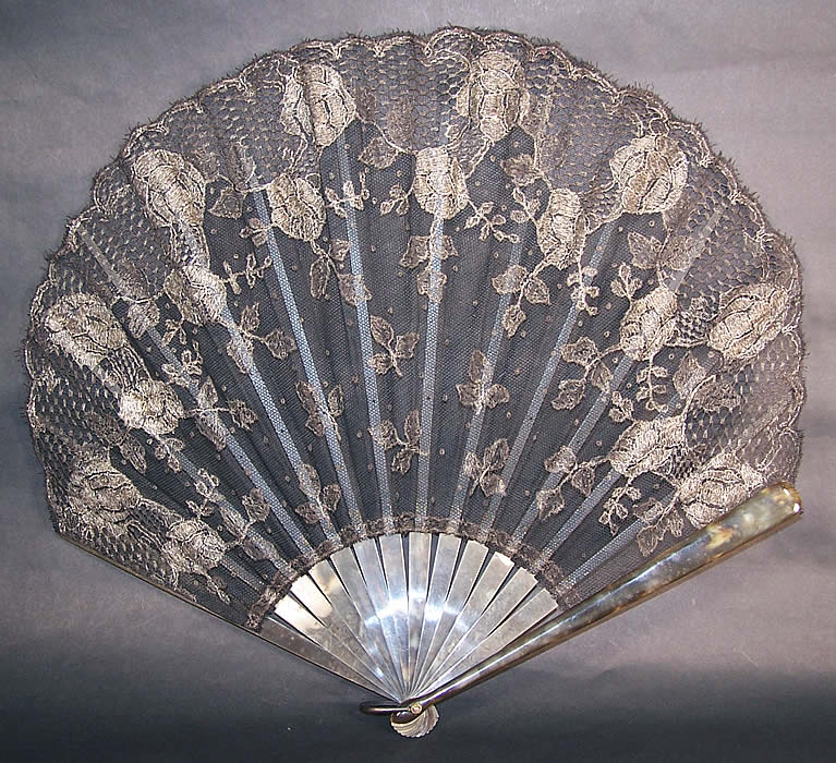 Art Deco Black Net Silver Metallic Lace Spanish Flapper Fan Front view.