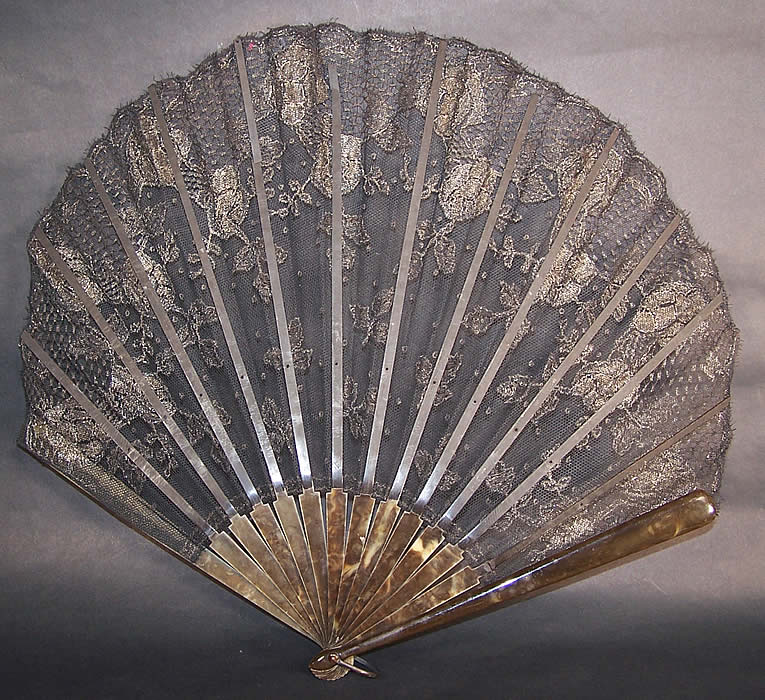 Art Deco Black Net Silver Metallic Lace Spanish Flapper Fan Back View.