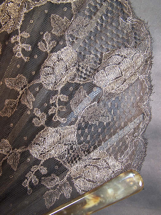 Art Deco Black Net Silver Metallic Lace Spanish Flapper Fan close up