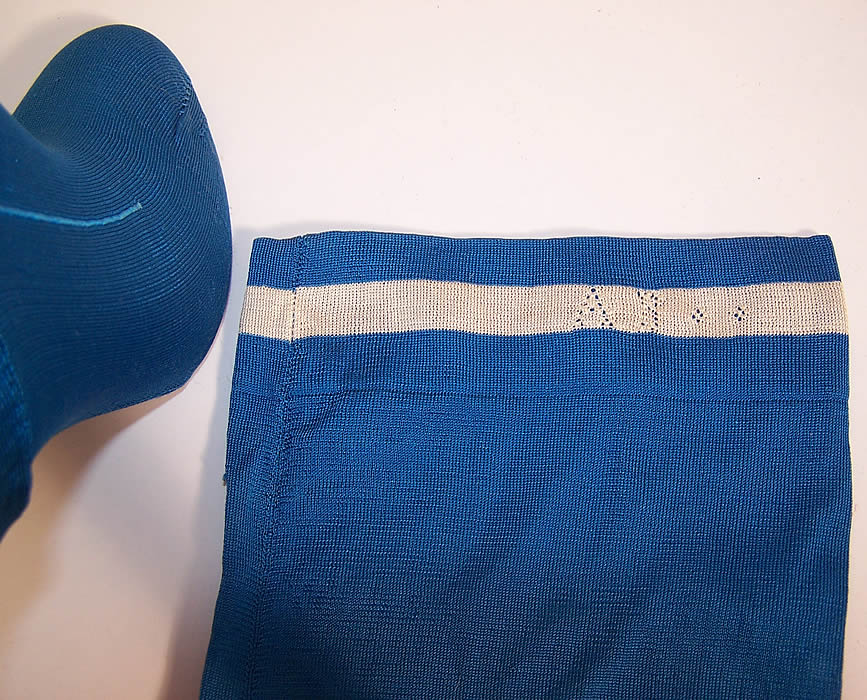 Victorian Ladies Bright Blue Silk Seam Thigh High Garter Stockings white stripe trim band edging the tops, with the initials "AB" cut out