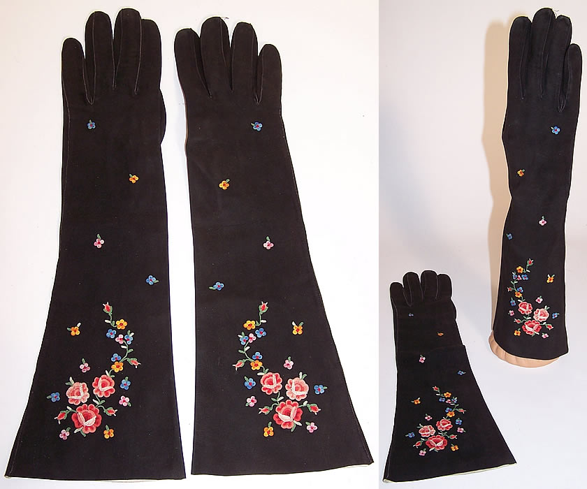 Vintage Galeries Lafayette Paris Black Suede Leather Petit Point Embroidery Gloves