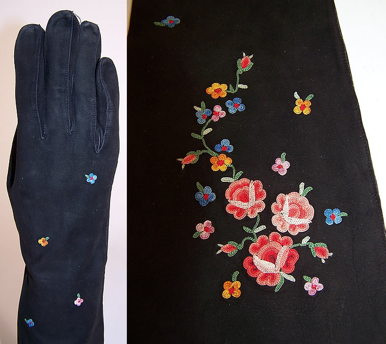 Vintage Galeries Lafayette Paris Black Suede Leather Petit Point Embroidery Gloves 