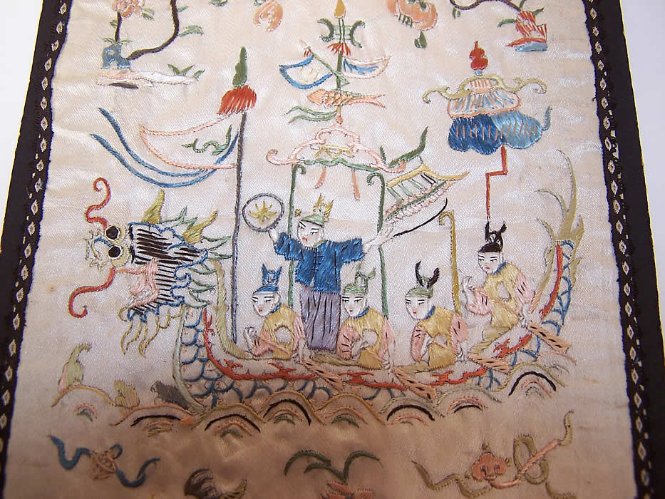 Pair of Antique Chinese Figural Dragon Boat Silk Embroidered Square Panel  dragon boat extreme close up