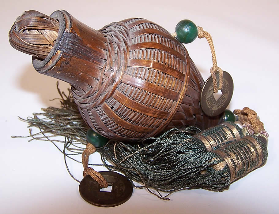 Antique Chinese Coin Jade Bead Tassel Wicker Basket Scent Perfume Herb Bottle Purse